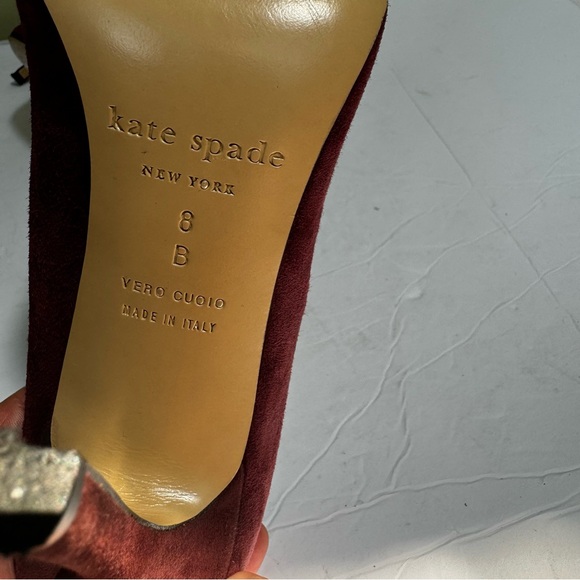 Kate Spade Lissie Hangisi Bow Burgundy Suede  Leather Point Toe Heels Rhinestone - Picture 13 of 16